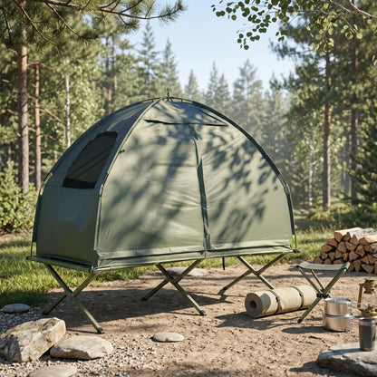 1 person Foldable Camping Tent w/Sleeping Bag Air Mattress Outdoor Hiking Picnic Bed cot w/Foot Pump