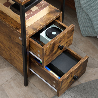 Side Table, Narrow Bedside Table with 2 Drawers and Storage Shelf, Industrial End Table with Metal Frame for Small Spaces