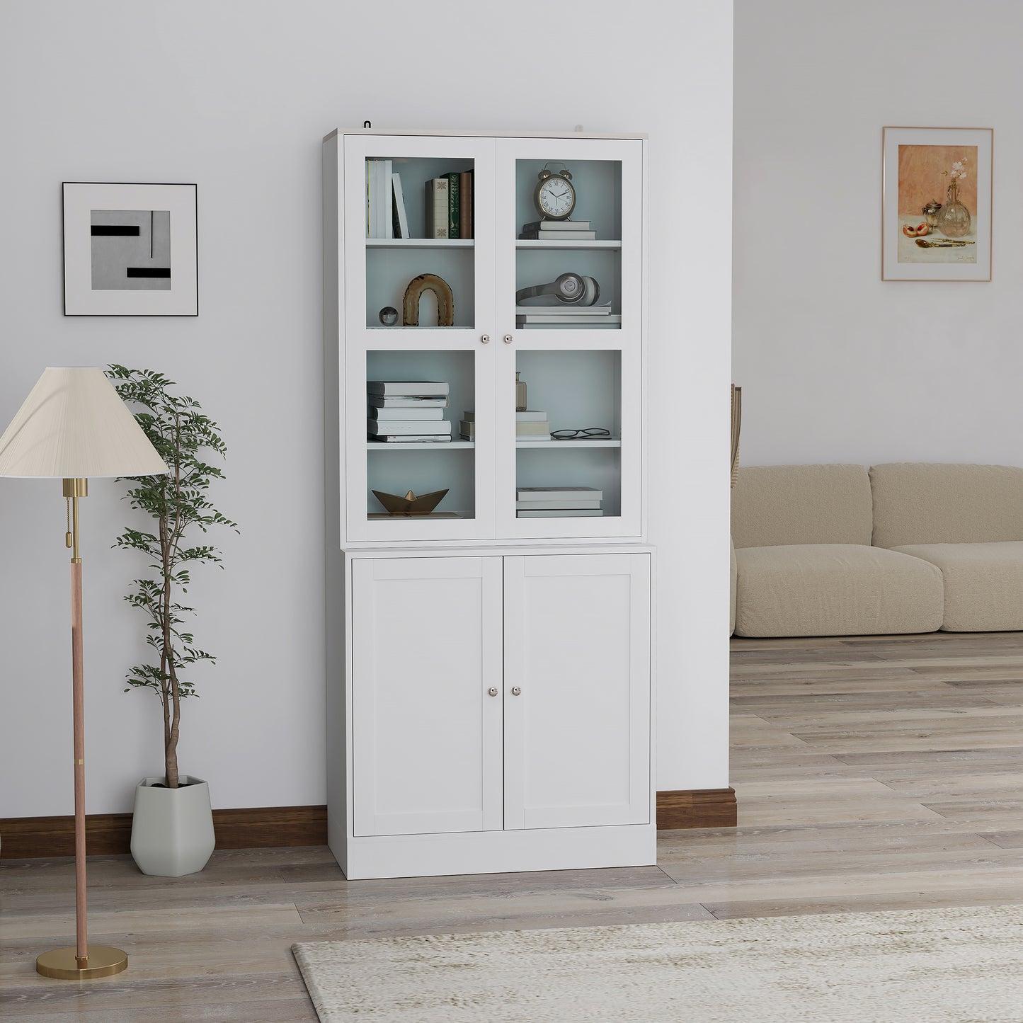 Double Storage Display Cabinet with Adjustable Shelves, MDF - White