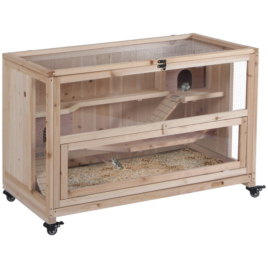 Wooden Hamster Cage, Mice Rodent Small Animals Kit Hutch, 3 Tiers Exercise Play House, with Wheels, Bottom Tray