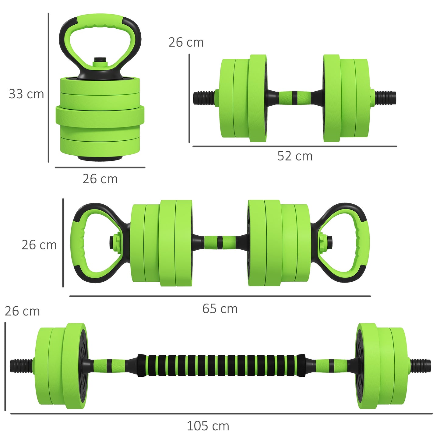 40kg 4-In-One Adjustable Weight Dumbbells Set, Barbell, Kettlebell, Push Up Stand - Green