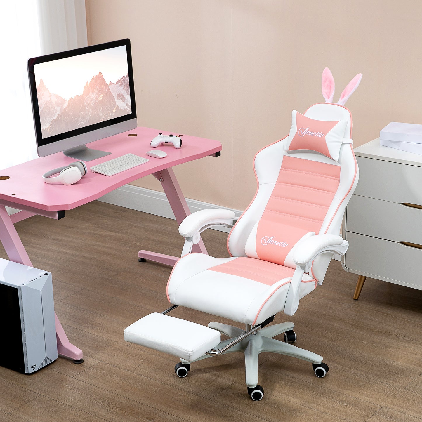 Racing Gaming Chair, Reclining PU Leather Computer Chair with Removable Rabbit Ears, Footrest, Headrest and Lumber Support