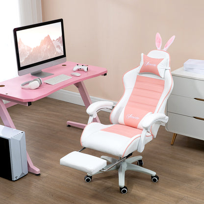 Racing Gaming Chair, Reclining PU Leather Computer Chair with Removable Rabbit Ears, Footrest, Headrest and Lumber Support