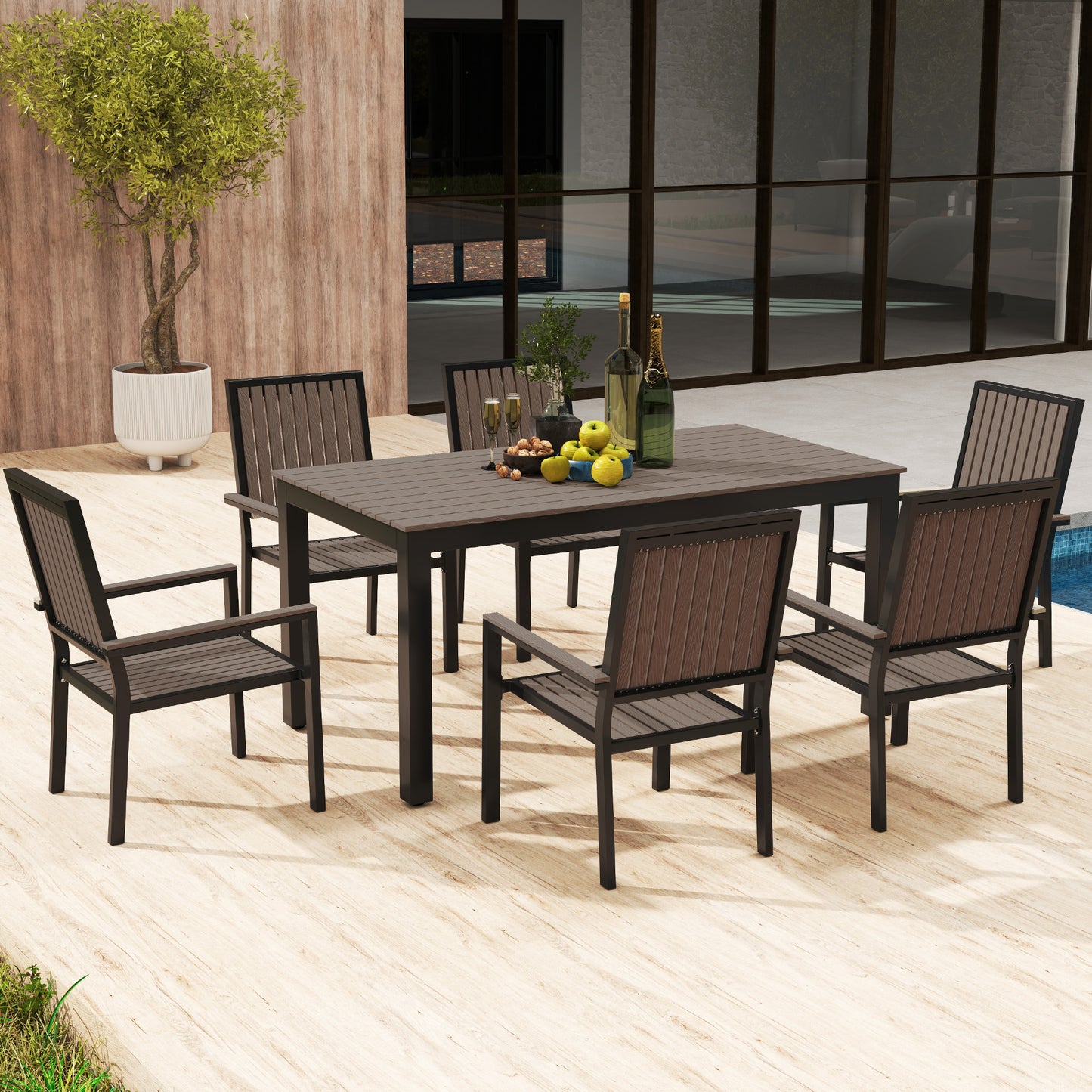 6 Seater Garden Dining Set with Stackable Chairs, Aluminium Frame, Rectangular Plastic Top, Garden Furniture Set