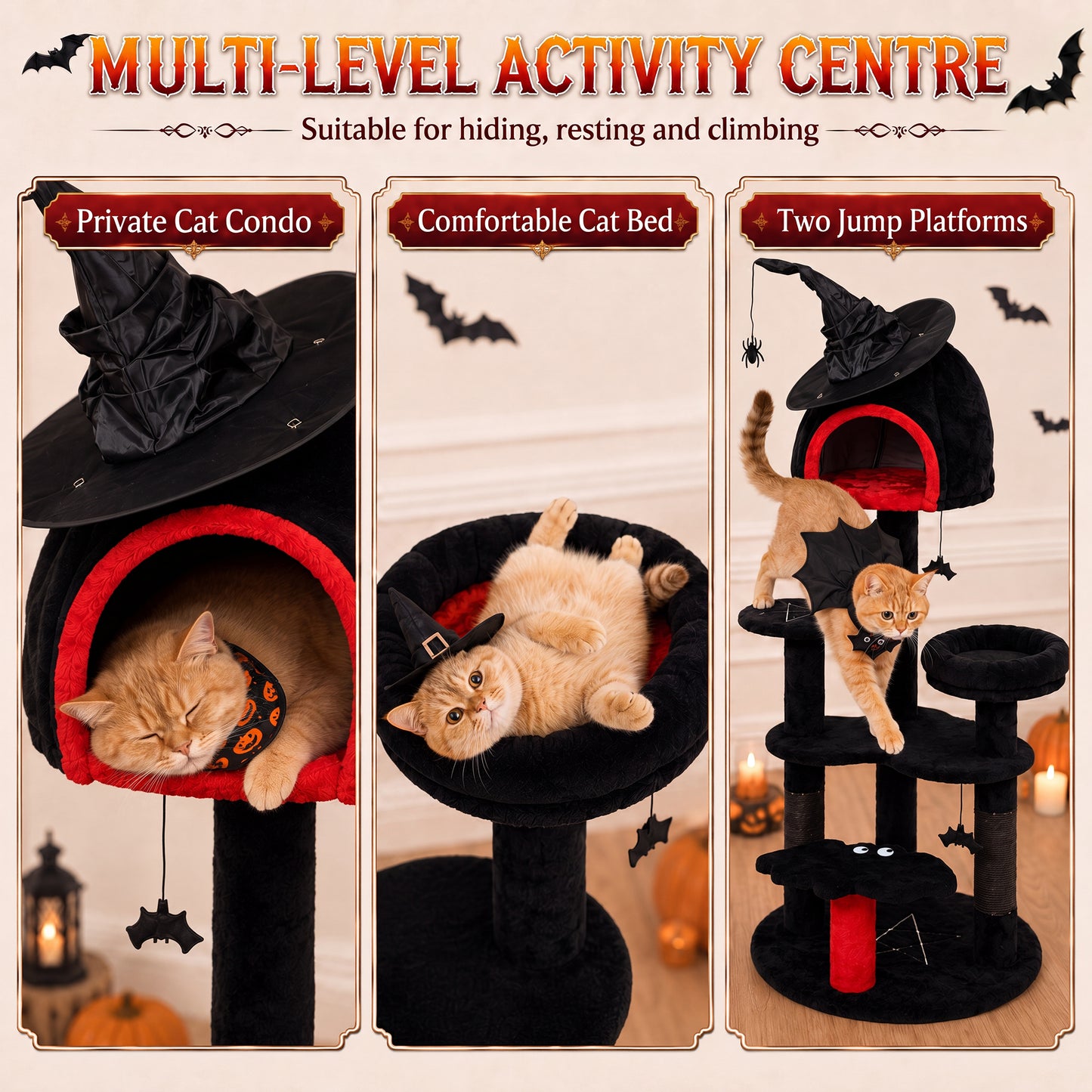 Gothic Cat Tree, 155cm Cat Tower for Indoor Kittens, Multi-Level Stable Kitten Activity Centre, Black, Halloween