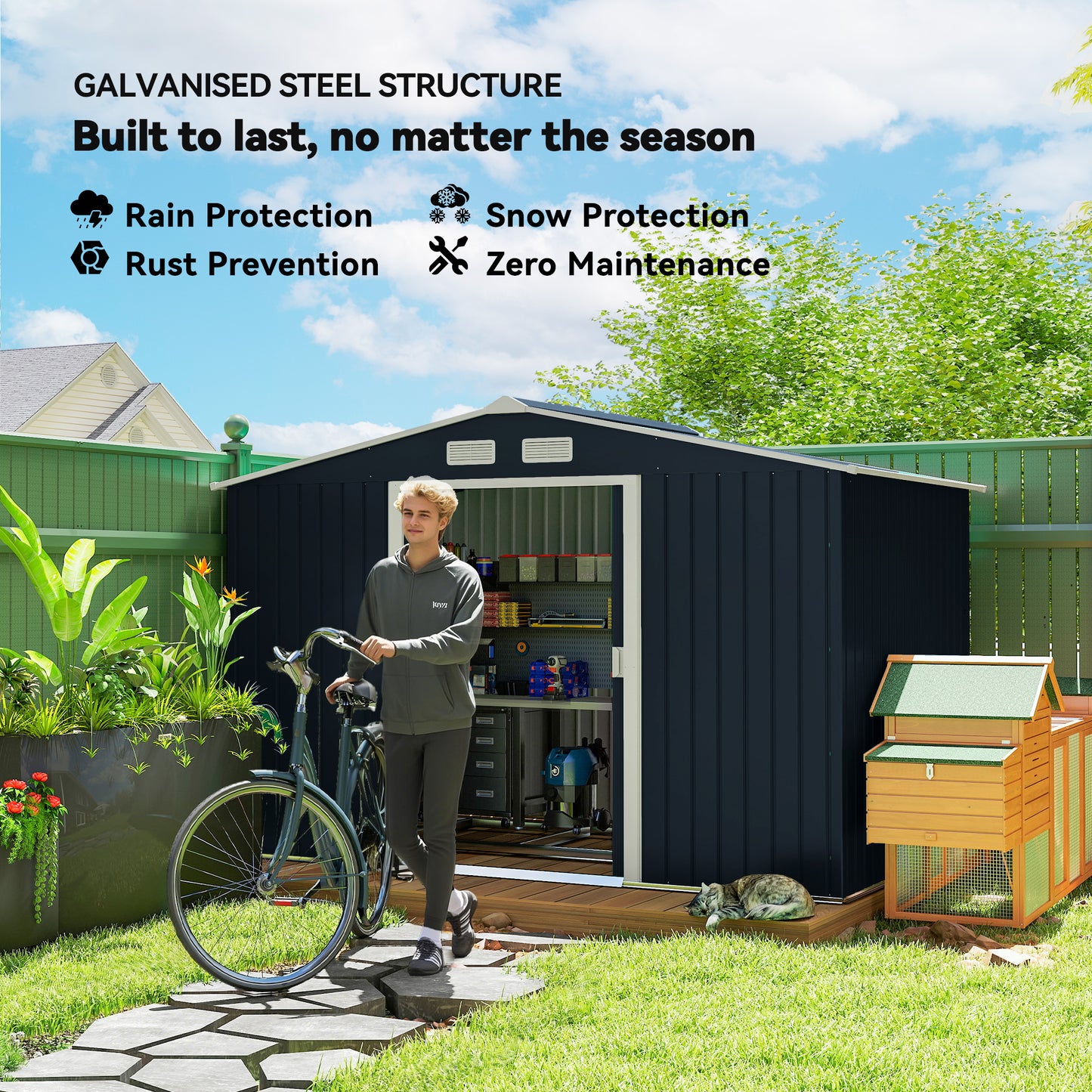 9 x 6ft Metal Bicycle Shed, Outdoor Storage Tool House with Ventilation Slots, Foundation Kit and Lockable Double Doors