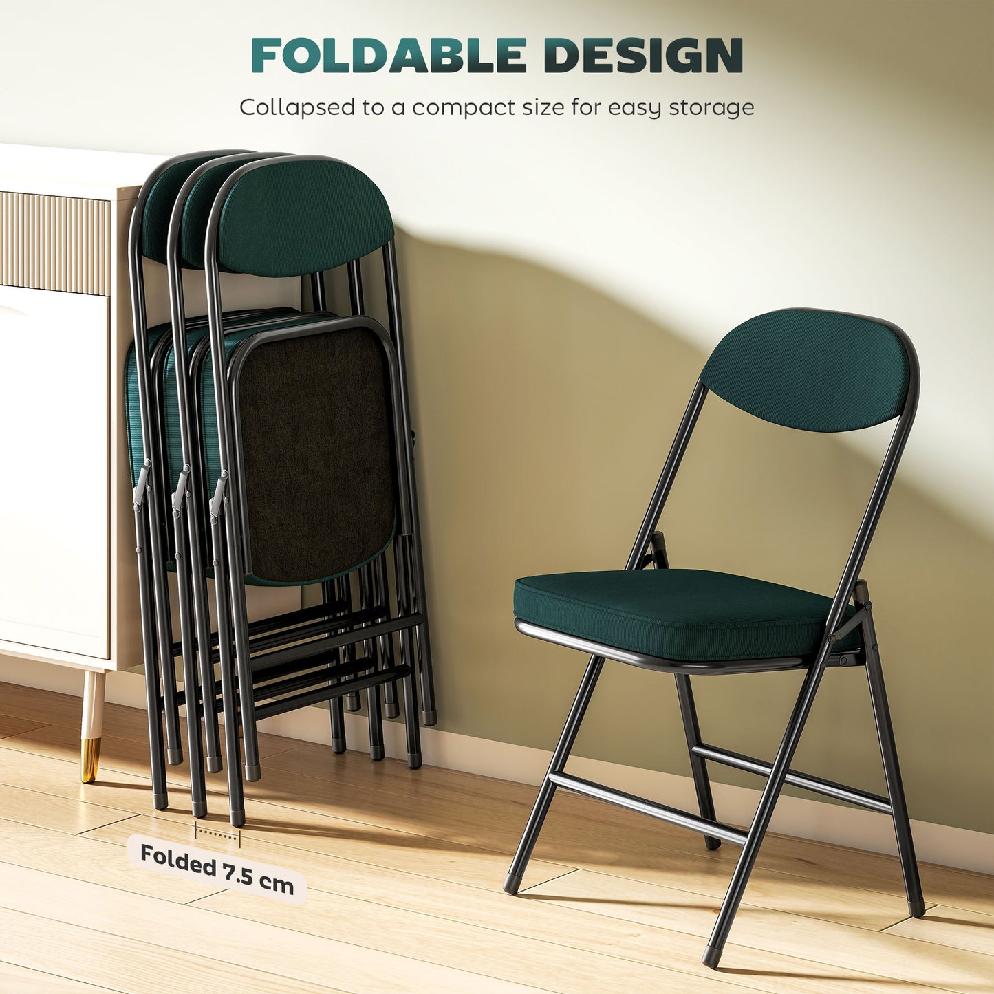 Set of Four Folding Corduroy Seat Chairs - Teal