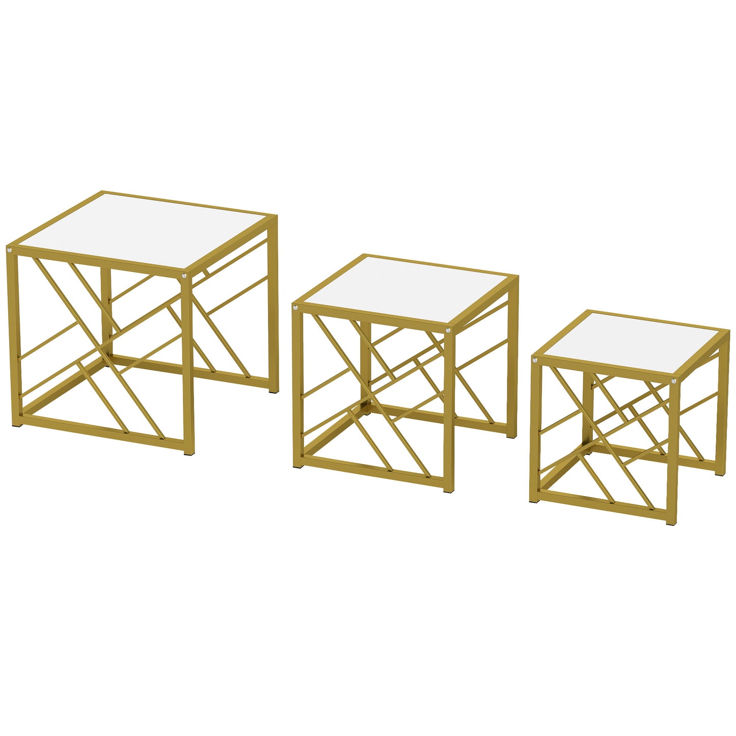 Nesting Coffee Tables, Set of 3 Square Side Tables with Gold Metal Frame, for Living Room, Bedroom and Office, White