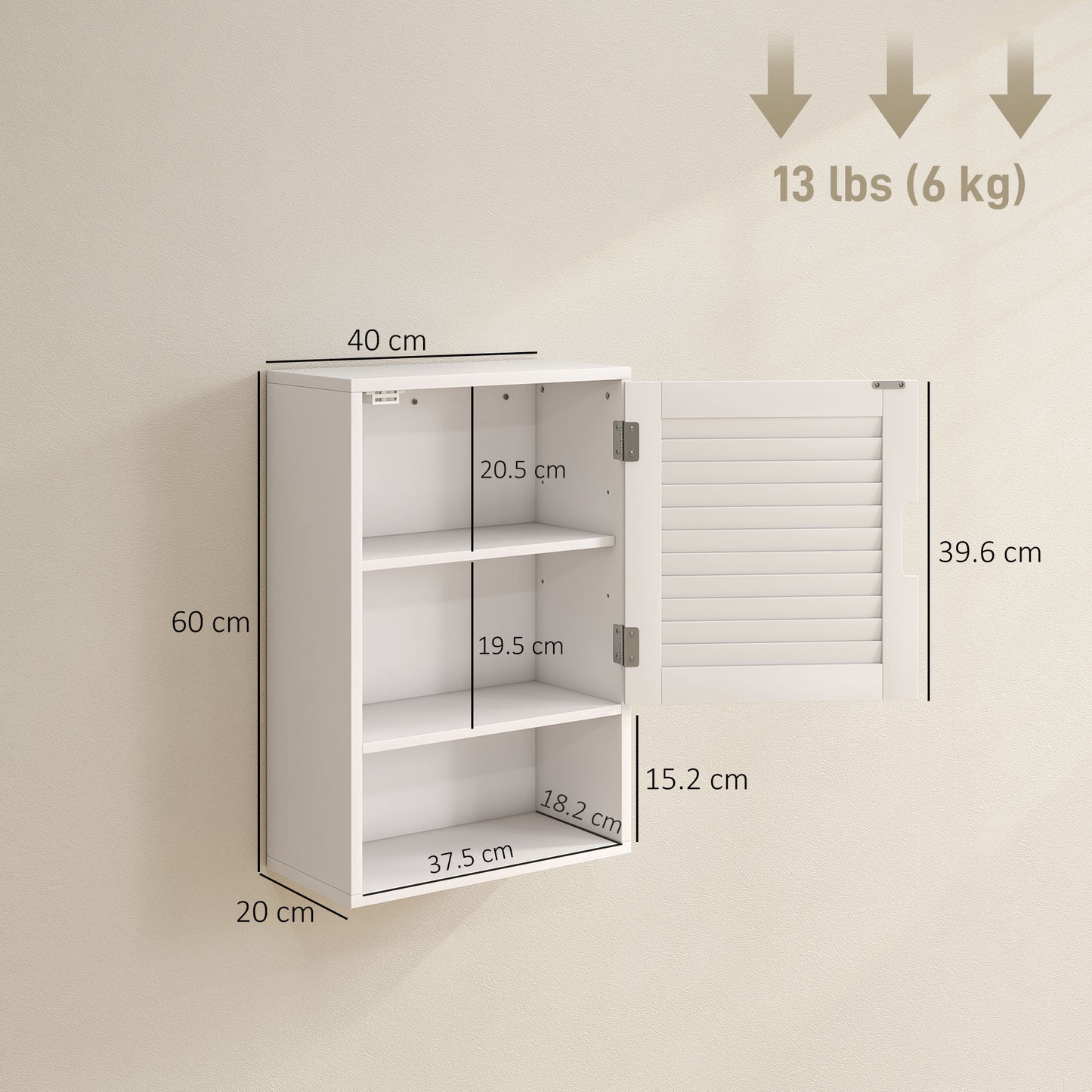Bathroom Cabinet, Wall Mounted Storage Cabinet with Adjustable Shelves, 40 x 20 x 60 cm, White