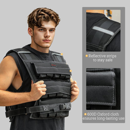 30KG Adjustable Weighted Vest, Running Weight Vest, with 30 Metal Weights, Reflective Strips, for Running, Exercise