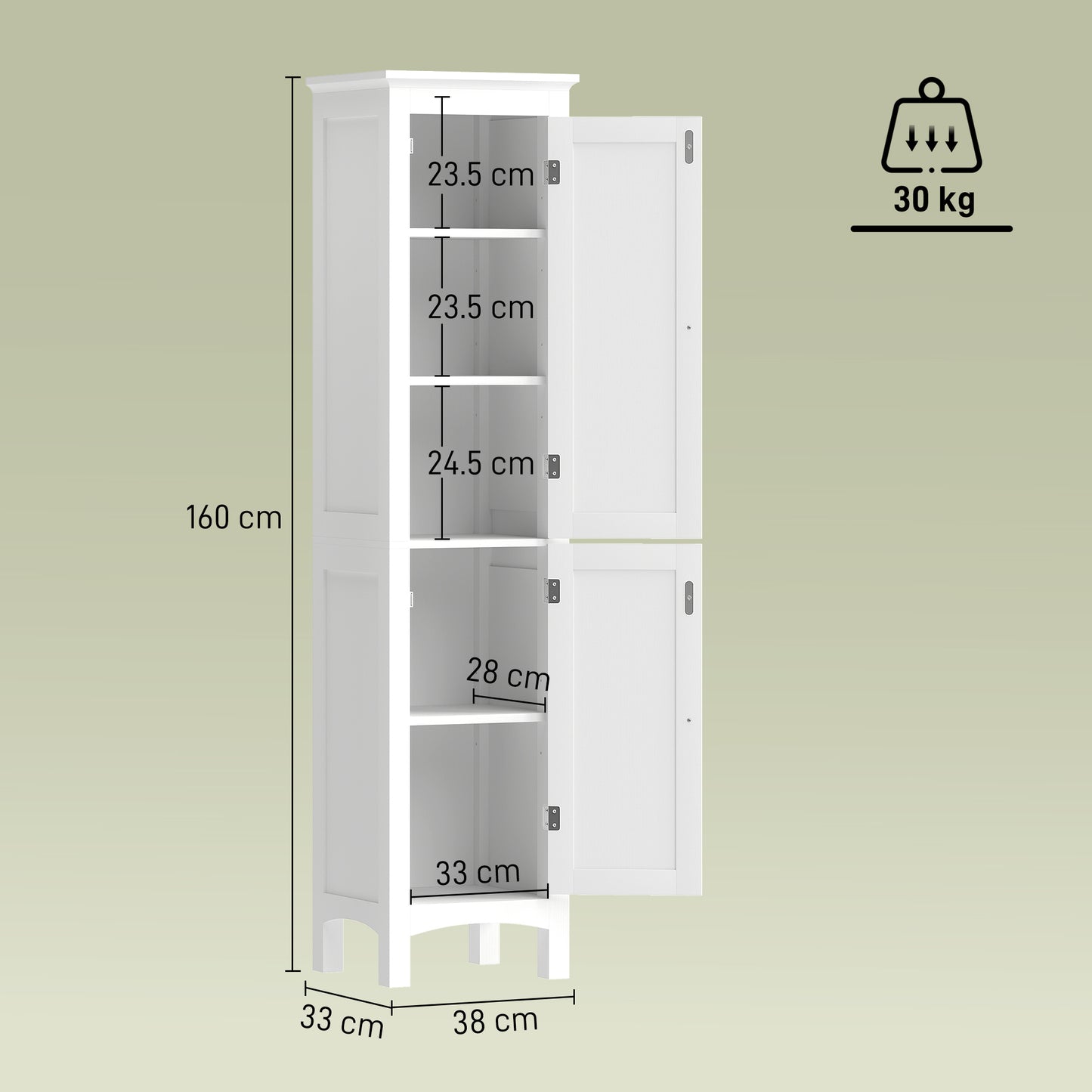 Tall Bathroom Storage Unit, Slim Bathroom Cabinet with Adjustable Shelves and Double Door, White