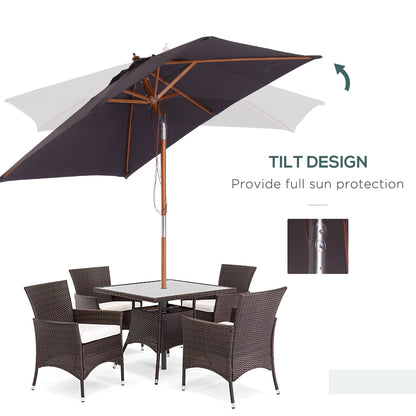 2m x 1.5m Garden Parasol Umbrella with Tilting Sunshade Canopy, Outdoor Market Table Umbrella with Wood and Bamboo Frame
