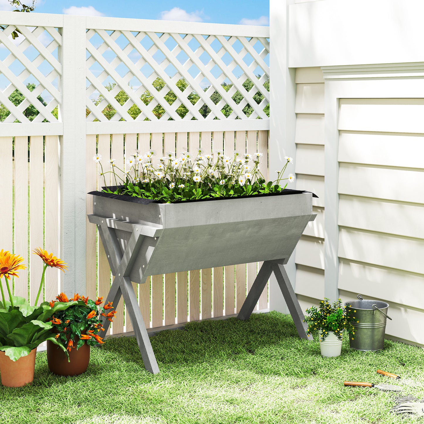 Wooden Raised Garden Bed with Bed Liner, Elevated Planter Box with Legs, Light Grey