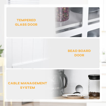 Freestanding Kitchen Cupboard, Kitchen Storage Cabinet with Framed Glass Doors, 2 Drawers, Microwave Counter, 172cm, White