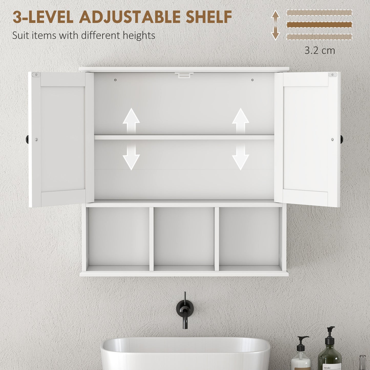 Farmhouse Bathroom Wall Cabinet, Wall Mounted Medicine Cabinet with Adjustable Shelf, Open Compartments, White
