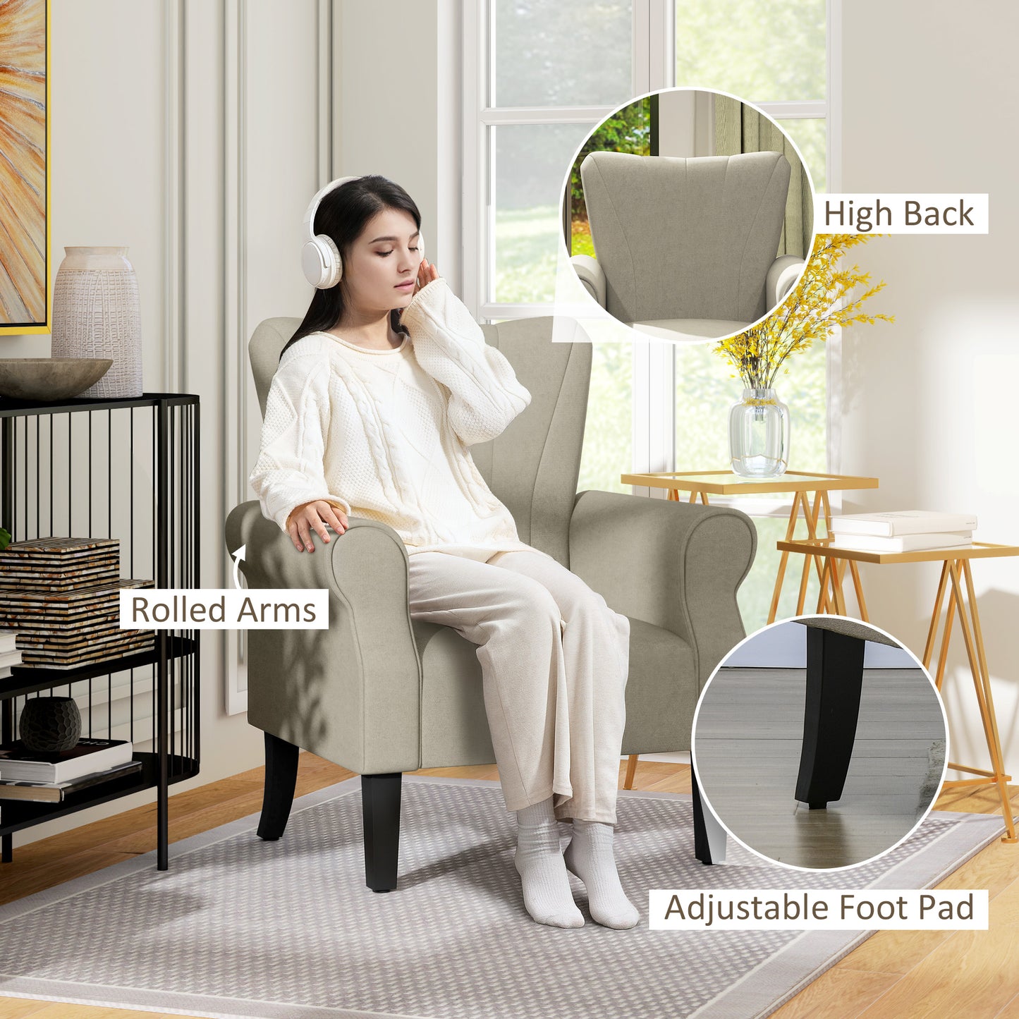 Upholstered Accent Chair with Rolled Arms and Wood Legs, Armchair for Living Room Bedroom, Beige