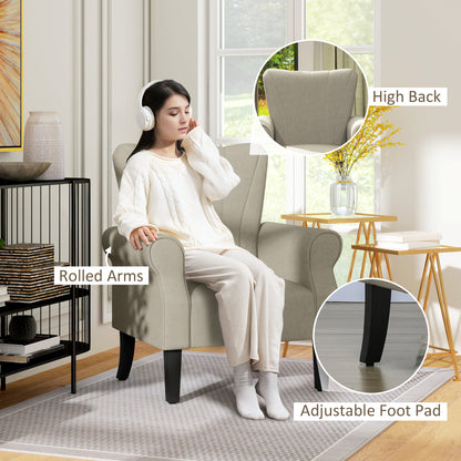 Upholstered Accent Chair with Rolled Arms and Wood Legs, Armchair for Living Room Bedroom, Beige