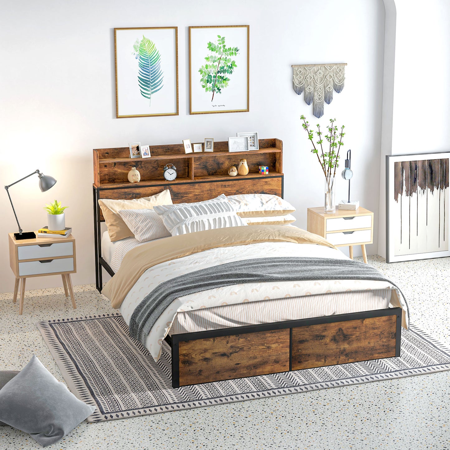 Industrial King Bed Frame, 5.2FT Steel Bed Base with Storage Headboard, Footboard, Slatted Support and Under Bed Storage
