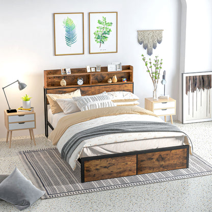 Industrial King Bed Frame, 5.2FT Steel Bed Base with Storage Headboard, Footboard, Slatted Support and Under Bed Storage