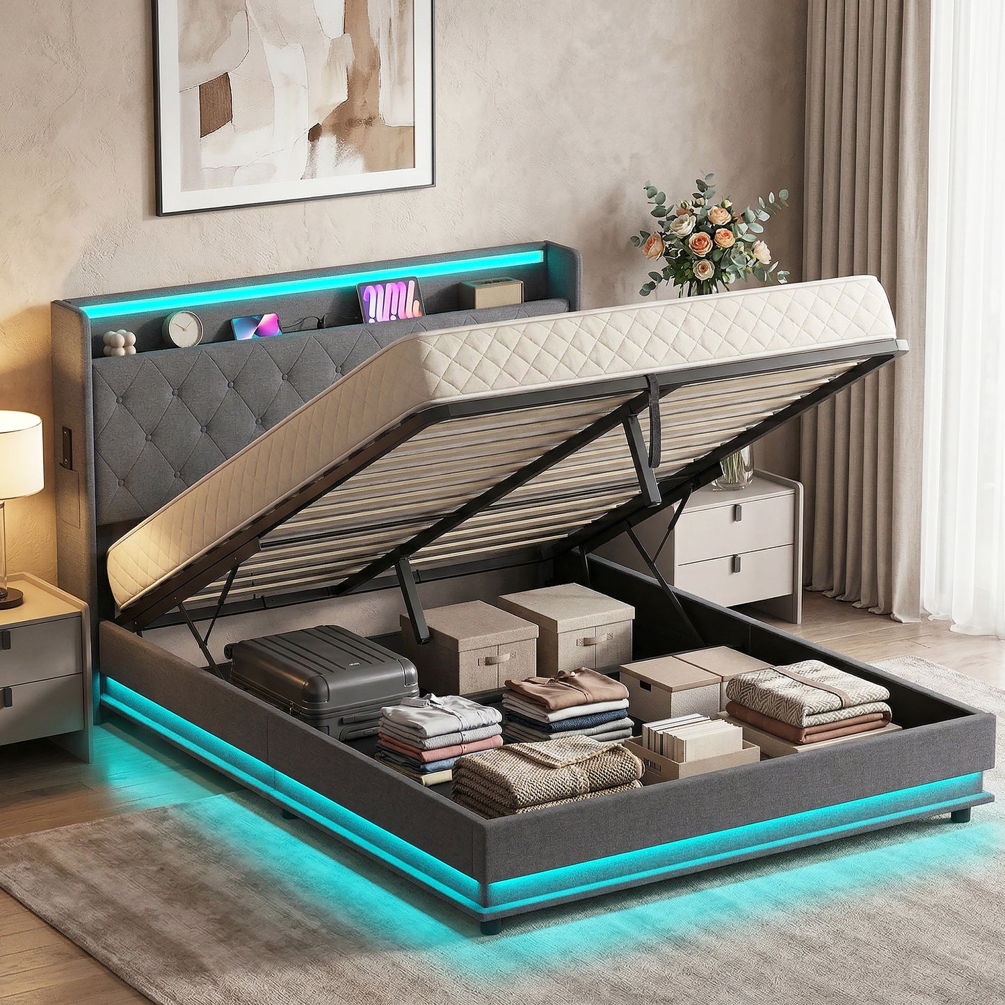 5ft King Bed Frame with Headboard, Platform Bed Frame with Hydraulic Storage, LED Lights and Charging Station, Grey