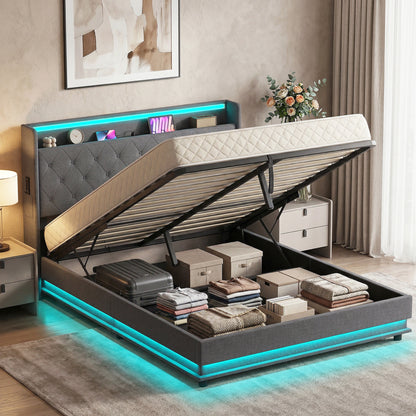 5ft King Bed Frame with Headboard, Platform Bed Frame with Hydraulic Storage, LED Lights and Charging Station, Grey