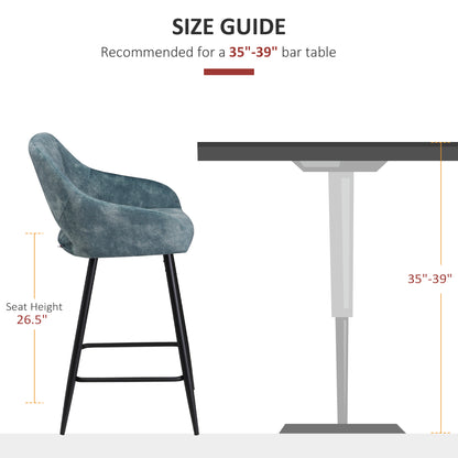 Bar Stools Set of 2, Velvet-Touch Fabric Counter Height Bar Chairs, Kitchen Stools with Steel Legs for Dining Area