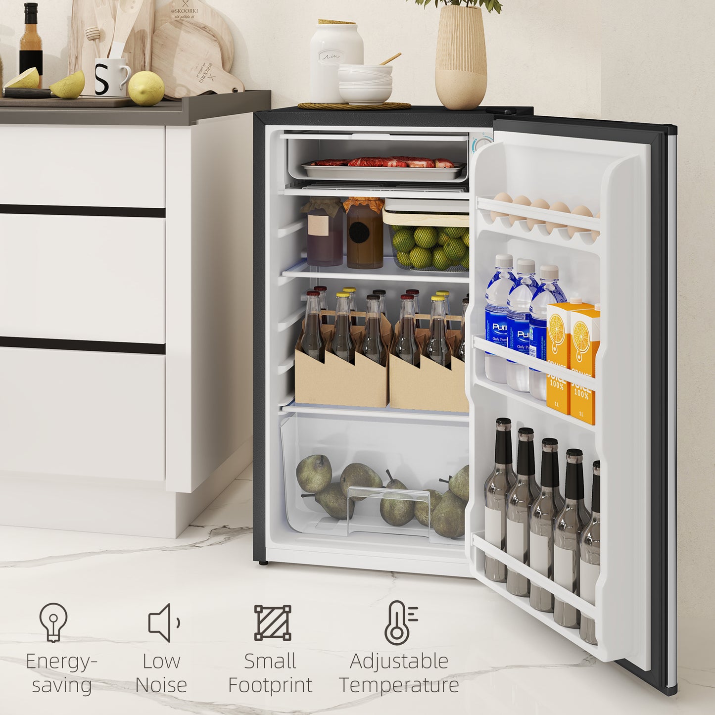 Under Counter Fridge, 91L Small Fridge with Chiller Box, Removable Shelf, Reversible Door, Adjustable Legs
