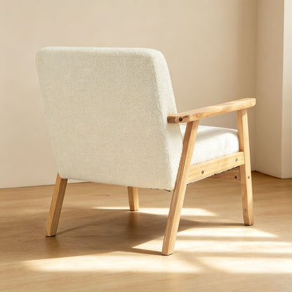 Modern Armchair, Sherpa Fleece Upholstered Accent Chair with Solid Wood Legs and Wide Seat, Cream White