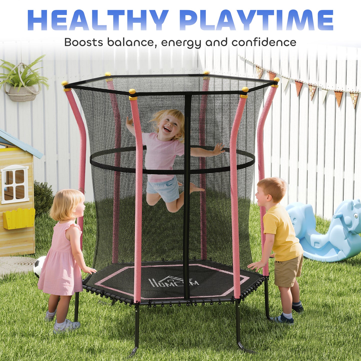 Kids Trampoline Mini Bouncer with Enclosure Safety Net For Ages 3-10 Years - Pink