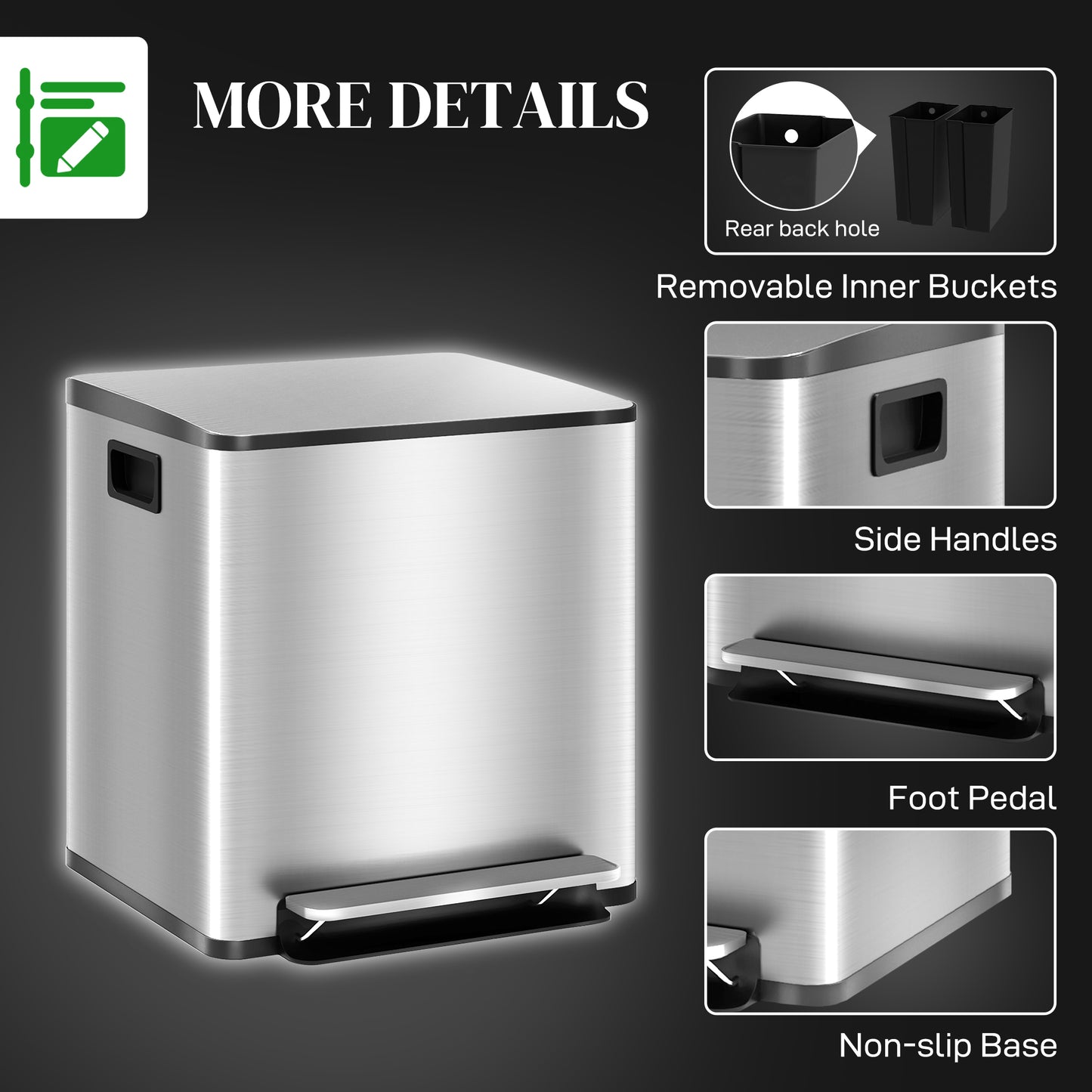 30L Dual Compartment Stainless Steel Bin, with Deodoriser Holders - Silver Tone