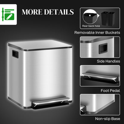 30L Dual Compartment Stainless Steel Bin, with Deodoriser Holders - Silver Tone