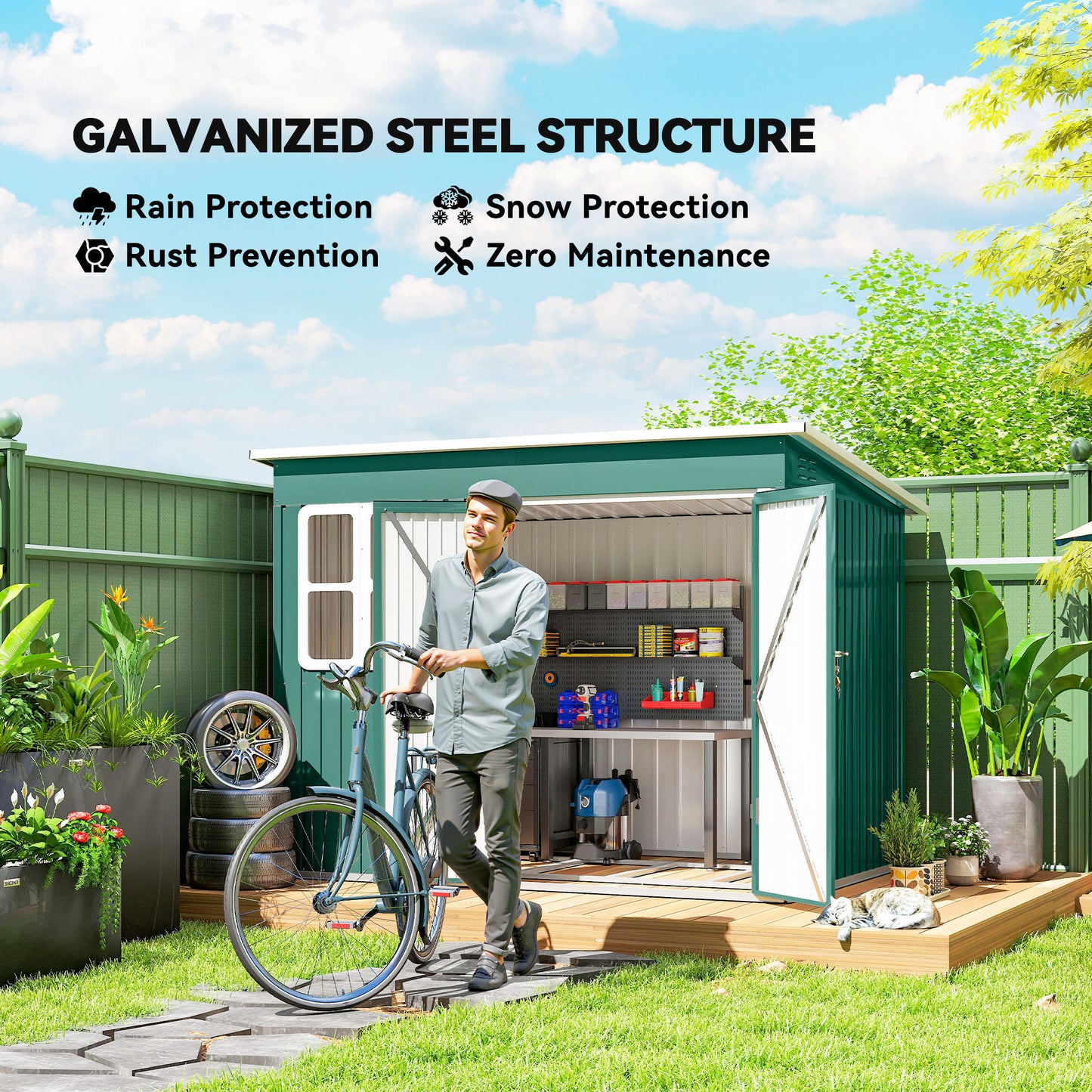 8.5 x 6ft Storage Shed Galvanised Steel Garden Shed, Metal Shed with Foundation Kit, Window