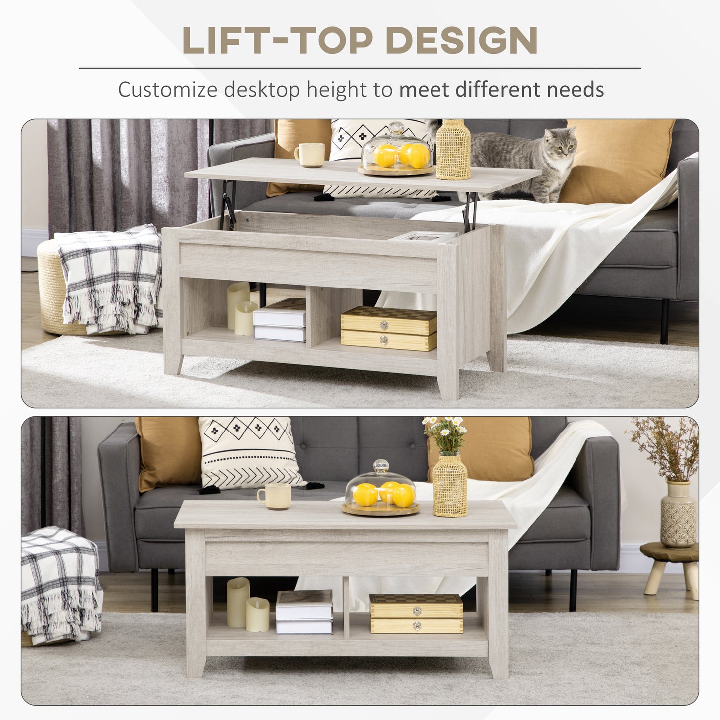 Lift Top Coffee Table w/ Hidden Storage Compartment Open Shelves Lift Tabletop Pop Up Centre Table for Living Room Oak Effect