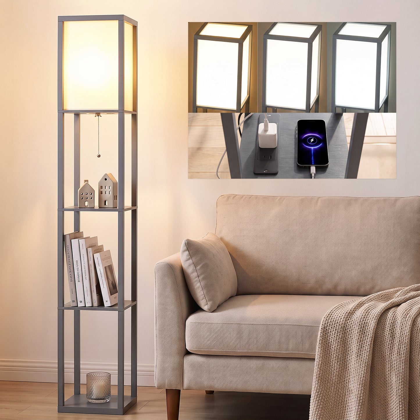 Floor Lamp with Shelves, 3 Layer Column Modern Standing Lamp for Living Room, Bedroom, Office, Grey