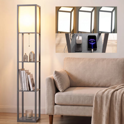 Floor Lamp with Shelves, 3 Layer Column Modern Standing Lamp for Living Room, Bedroom, Office, Grey