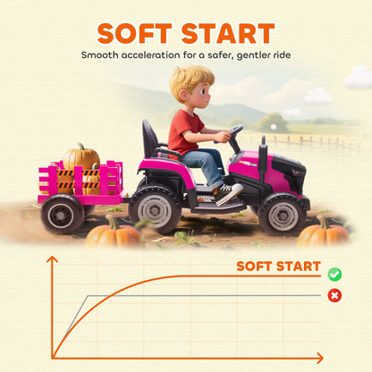 12V Ride on Tractor and Trailer with Remote Control, Music, Shifter, Start-Up Sound, for Kids Ages 3-8 Years, Pink