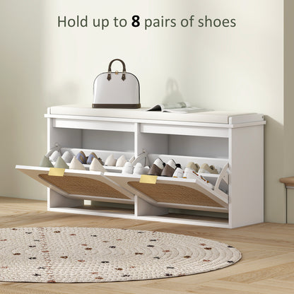 Boho Shoe Bench with Padded Seat and 2 Flip-Drawers - White