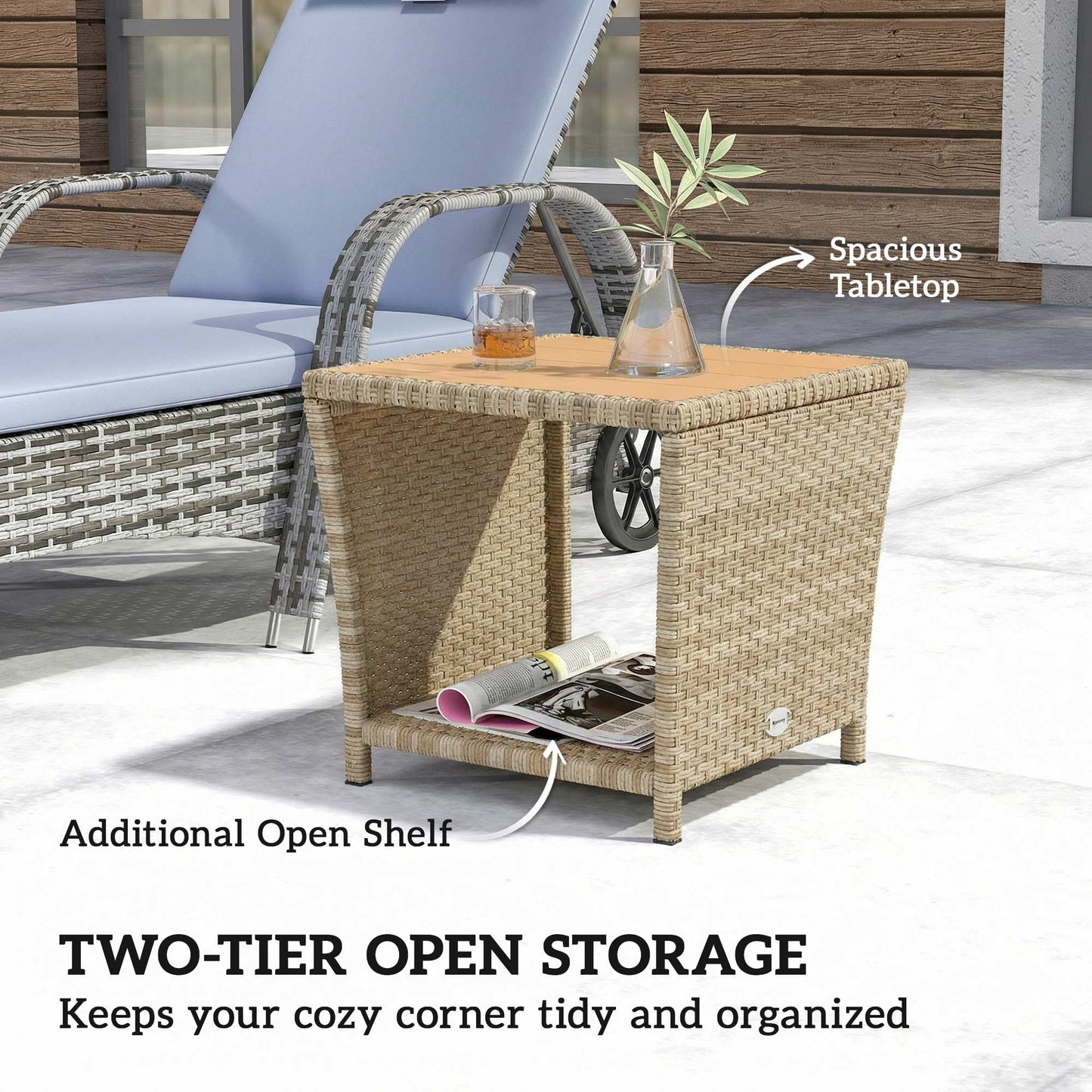 Side Table 2-Tier Outdoor Coffee Table with Storage Shelf PS Wood Slat Top/Khaki