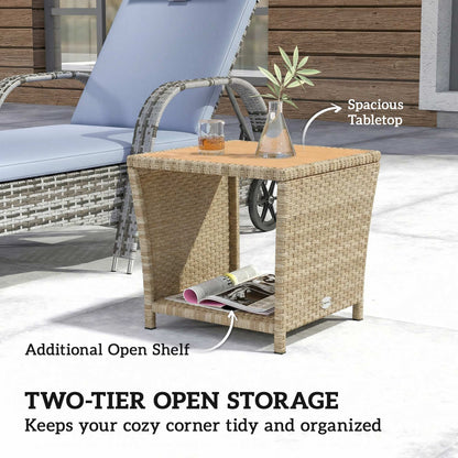 Side Table 2-Tier Outdoor Coffee Table with Storage Shelf PS Wood Slat Top/Khaki