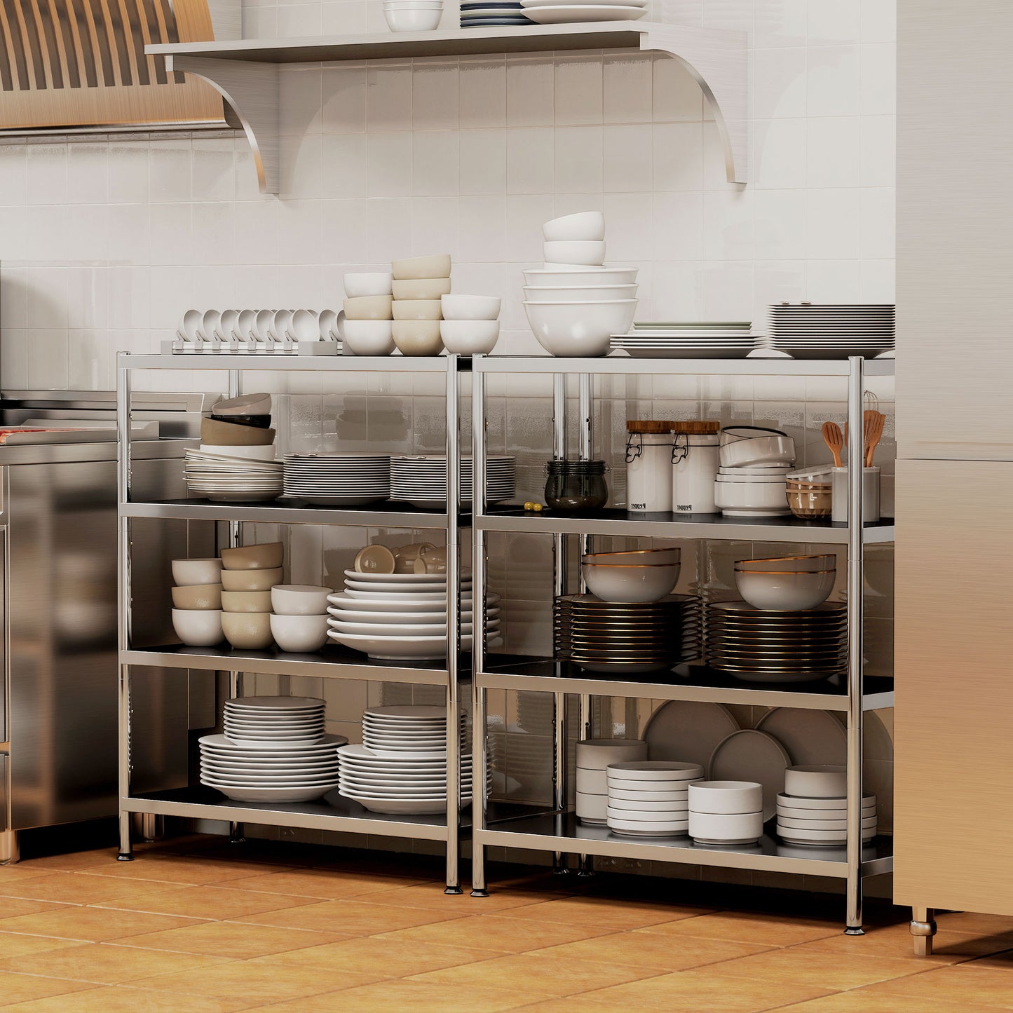 4-Tier Bakers Rack with Storage, Stainless Steel Microwave Stand with Adjustable Shelves for Small Spaces