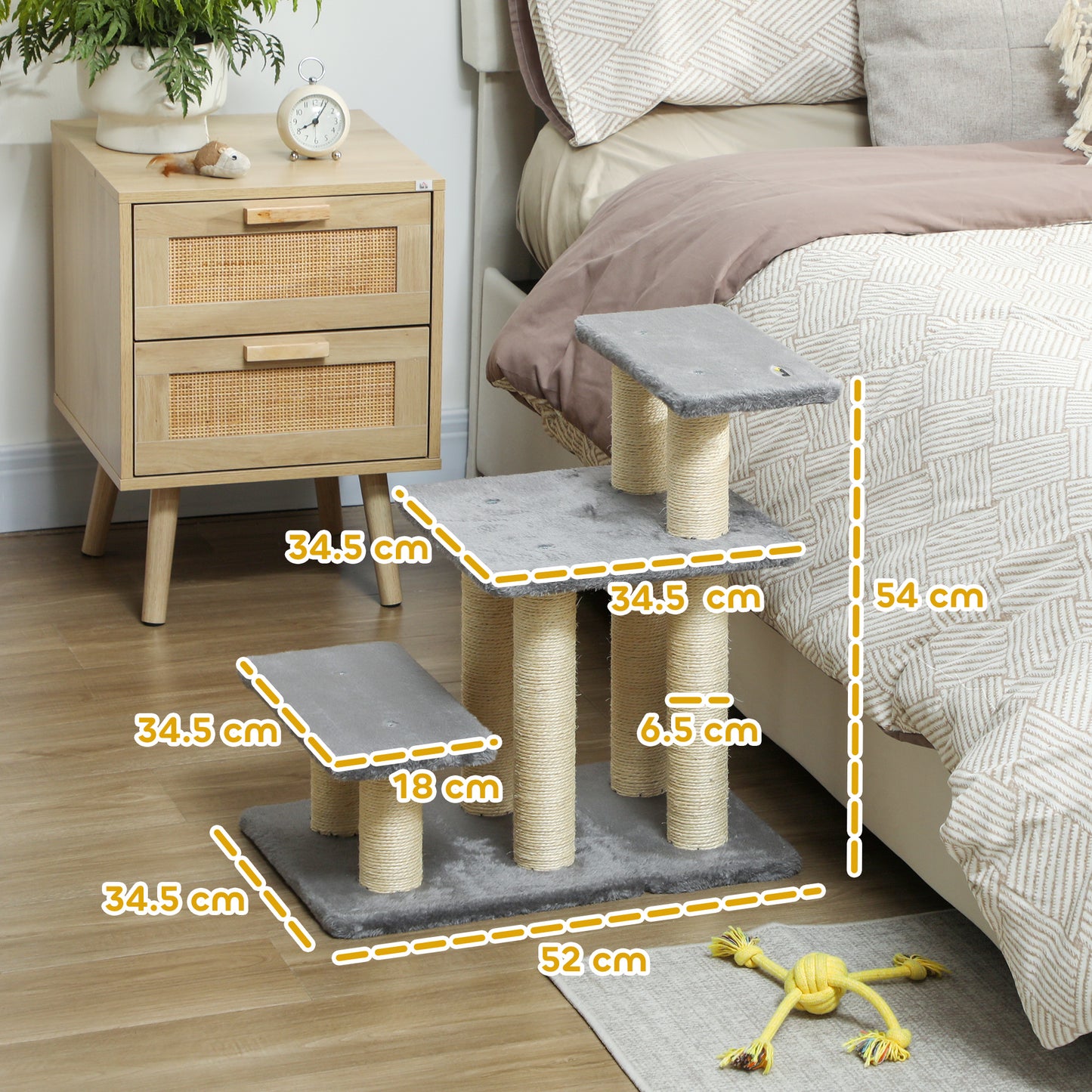 Dog Steps for Bed, 3 Step Adjustable Pet Stairs for Sofa with 6 Sisal Scratching Posts for Small Dogs & Cats, Grey