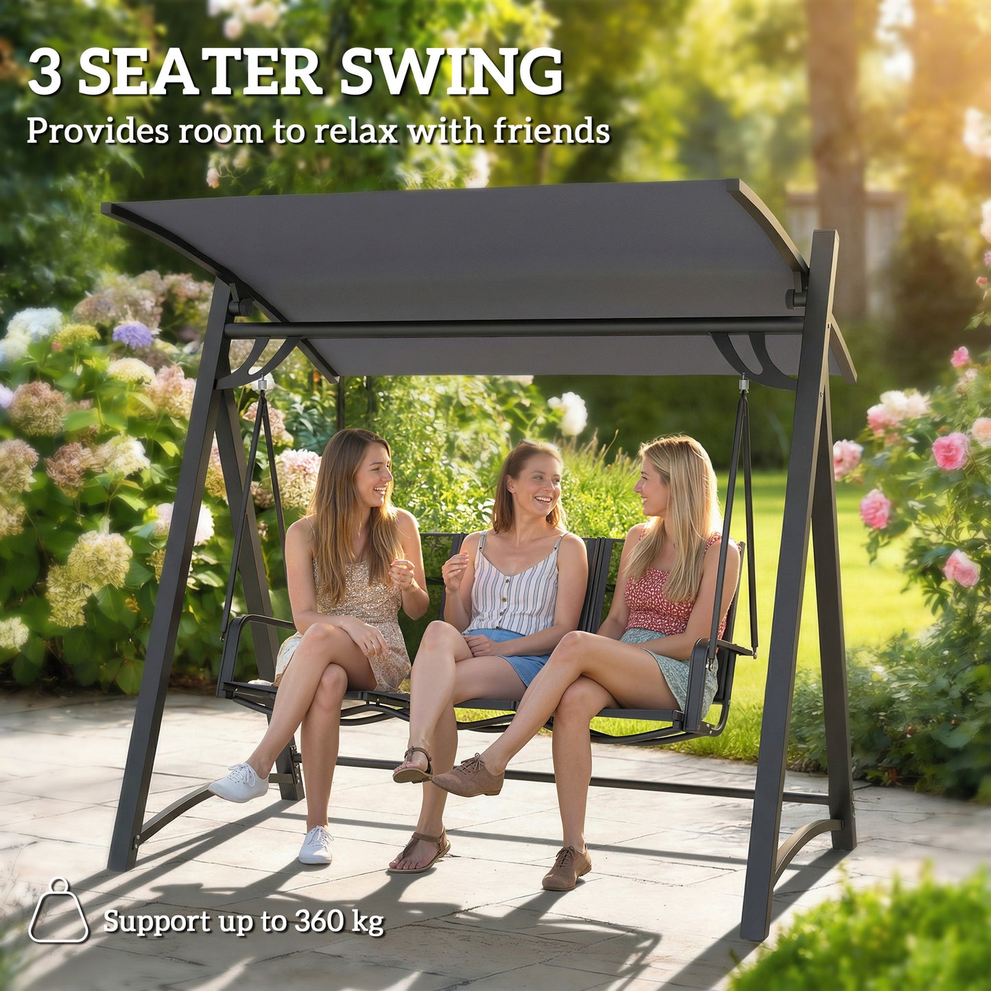 3 Seater Swing Chair, Garden Swing Bench with Adjustable Tilting Canopy, Breathable Mesh Seat 360 kg Capacity, Grey