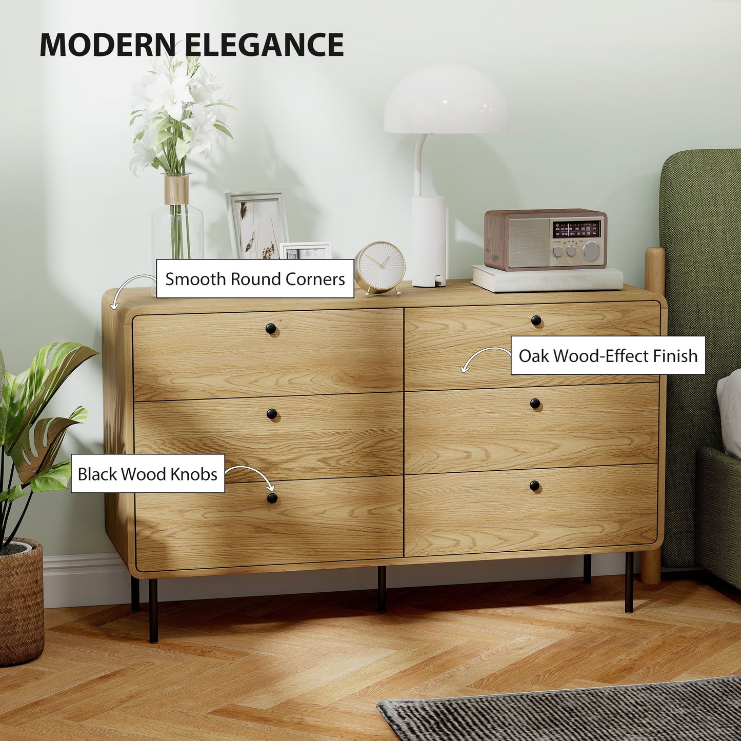 Chest of Drawers, 6 Drawer Dresser - Oak