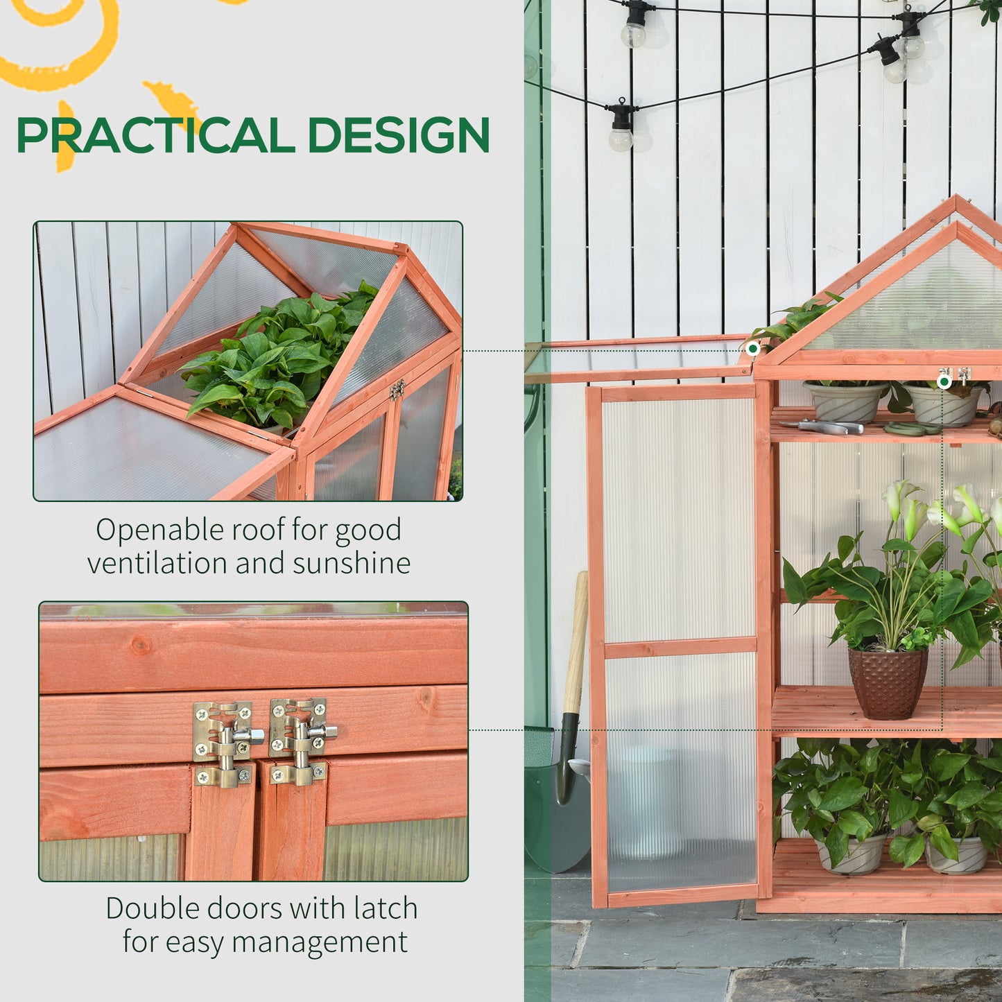 Garden Cold Frame Polycarbonate Greenhouse with Adjustable Shelves, Double Doors, Openable Top Covers