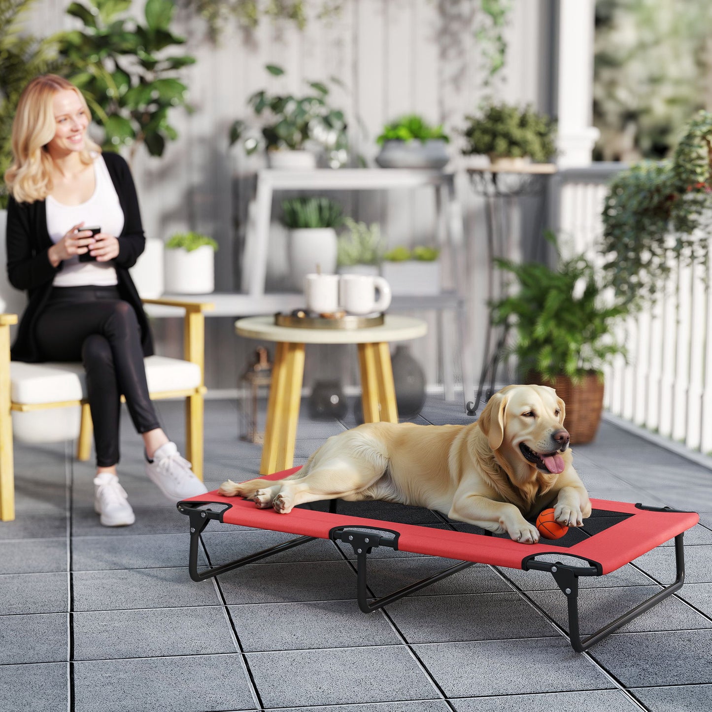 Portable Raised Dog Bed, Elevated Pet Cot with Breathable Mesh for Indoor Outdoor, for Large Dogs, Red