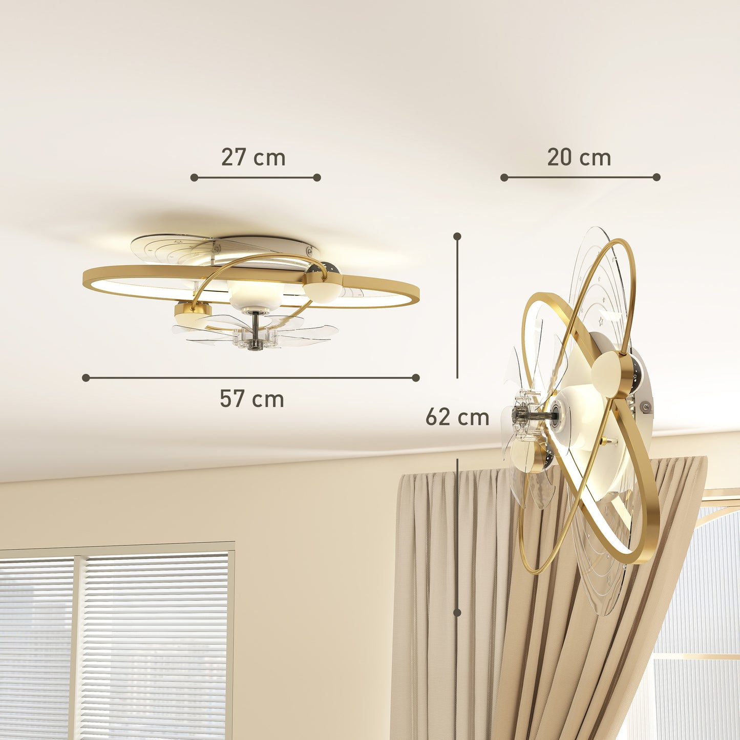 Ceiling Fan with Light and Remote, 3 Colour Temperatures, LED Mount Ceiling Fan Light for Bedroom, Gold Tone