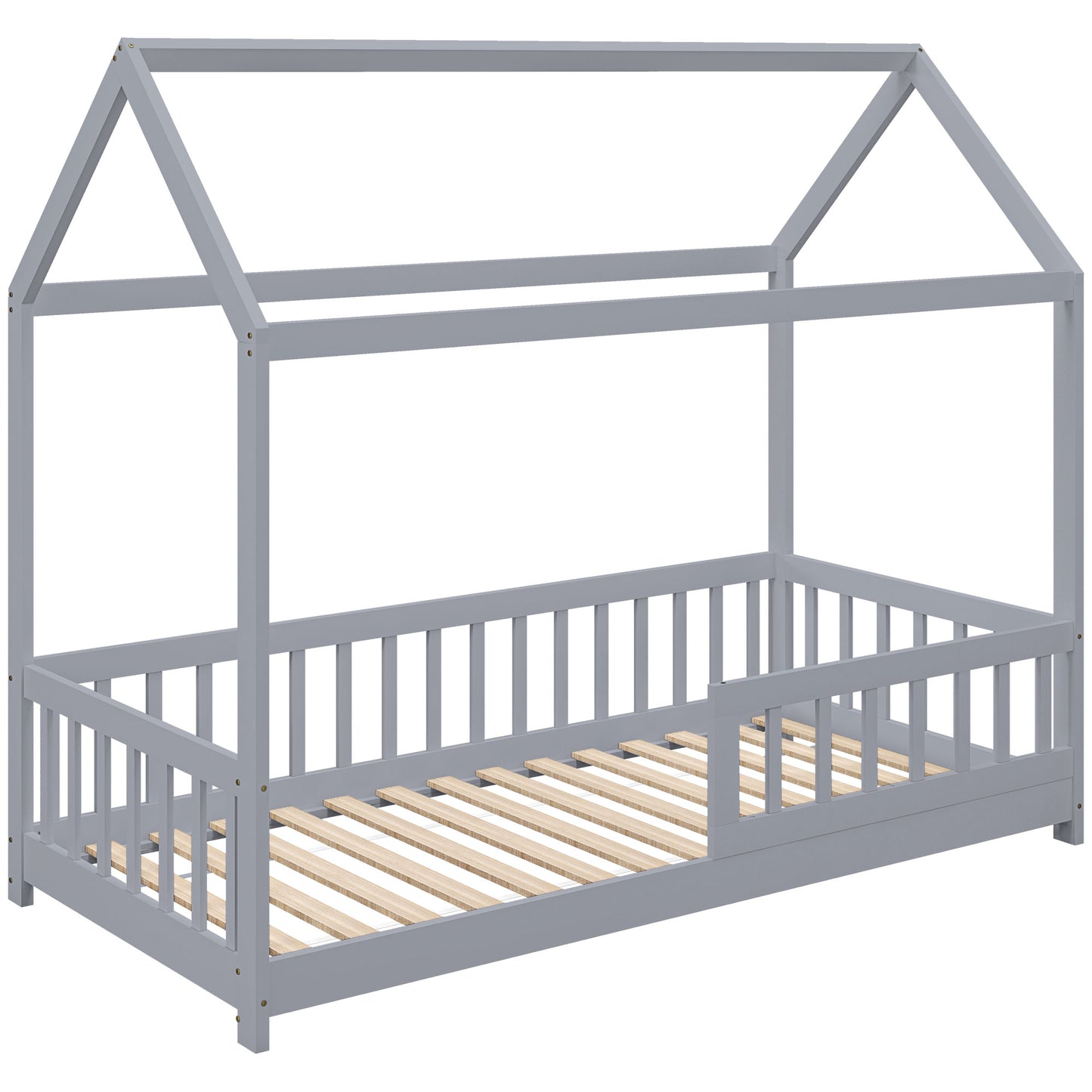 House-Shaped Kids Bed Frame with Guard Rails, Solid Pine Wood Single Bed Frame for Kids Boys and Girls, Grey