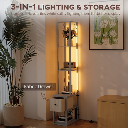 Floor Lamp with Shelves, LED Column Modern Standing Lamp with Fabric Drawer, Adjustable Brightness
