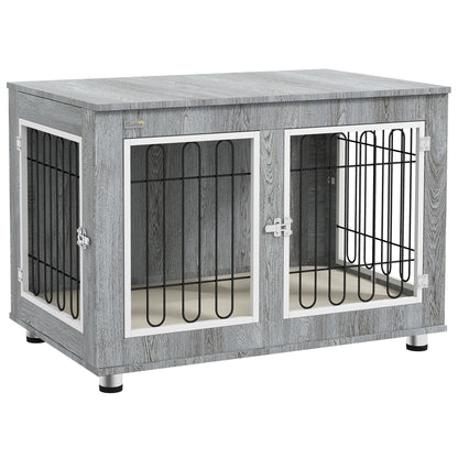 Dog Crate Furniture End Table, with Washable Cushion, Double Doors, for Medium/Large Dogs, Grey