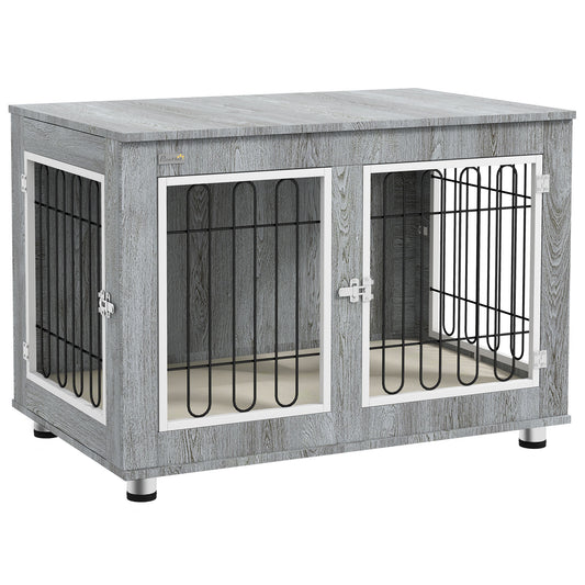 Dog Crate Furniture End Table, with Washable Cushion, Double Doors, for Medium/Large Dogs, Grey